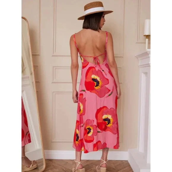 1 left! Sleeveless Button Up V-neck Open Back Printed Midi Dress - Picture 3 of 4